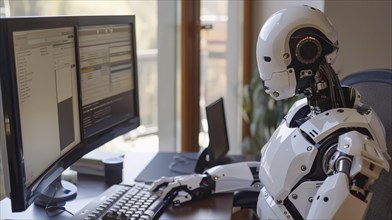 A robot at a desk in an office environment working on a dual-monitor computer setup, AI generated