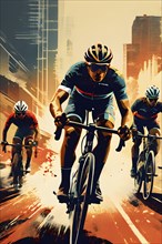 Vintage grungy poster of cyclists with cityscape skyscrapers background, AI generated