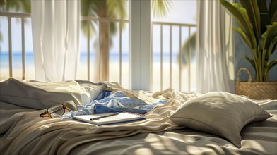 A bedroom at a beach house. The window is open, letting in the sunlight, AI generated