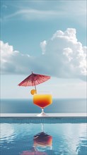 A glass of orange juice with a red umbrella on top of it placed at the edge of a pool, near the