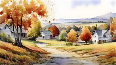 Watercolor depiction of a idylic village in fall with colored leaves, AI generated