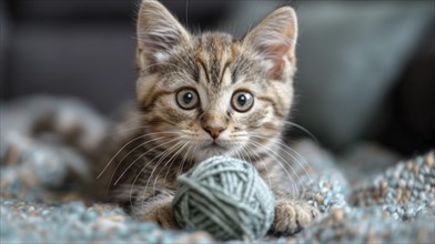 A striped kitten with blue eyes interacts with a green yarn ball in a warm home setting, AI