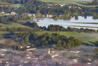 Panorama from Tegelberg to Schwangau and the Forggensee, Ostallgaeu, Allgaeu, Swabia, Bavaria,