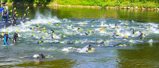 Swim start, triathlon, Danube, Ulm, Swabia, Baden-Wuerttemberg, Germany, Europe