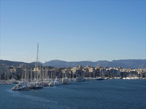 Panoramic view of a harbour with countless boats and yachts, city in the background and mountains