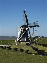 Large black windmill in a meadow, under a bright blue sky and surrounded by a natural environment,