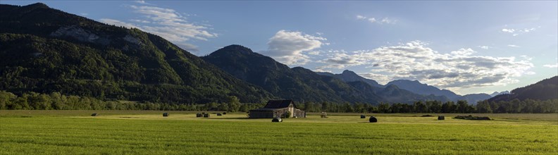 Hay barn, freshly mown meadow, panoramic view, near Irdning, Styria, Austria, Europe