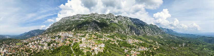 Panorama of Kruje and Mount Kruje from a drone, Ishem River, Albania, Europe