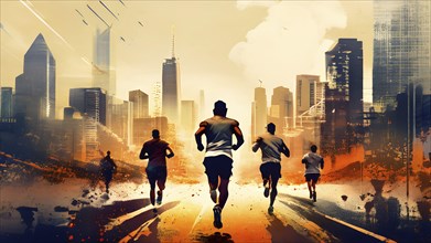 Vintage grungy poster of marathon runners with cityscape skyline background, AI generated