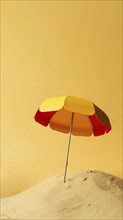 A red and yellow parasol is stuck in the sand against a yellow background, AI generated