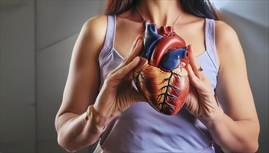 A woman holds an anatomical heart model in front of her chest, AI generated, AI generated