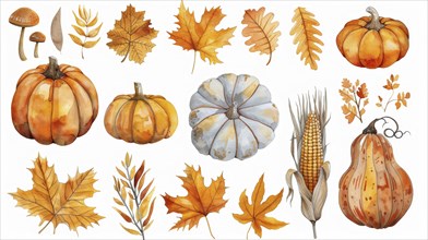 Watercolor illustration of various pumpkins, autumn leaves, corn, and mushrooms in warm fall