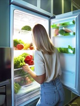 A young woman stands in front of the open fridge with lots of vegetables in it, healthy eating, AI