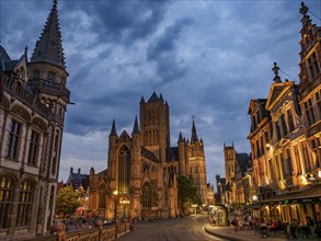Atmospheric view of a historic city with gothic architecture at dusk, historic buildings with