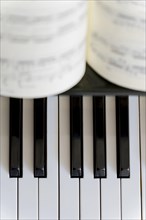 Top view of the keys of a piano with a score on them