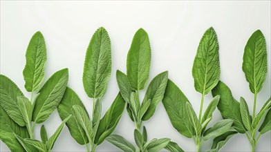 Several fresh green sage leaves displayed vertically on a white background, AI generated