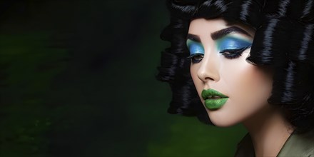 Side view portrait of a woman with green lips and blue eye shadow, AI generated
