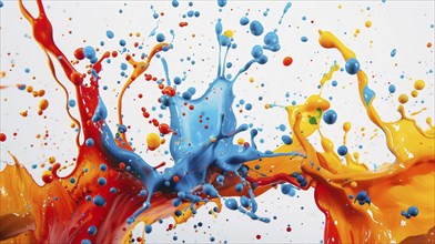 Dynamic and energetic splashes of red, blue, and yellow paint in an abstract composition, AI