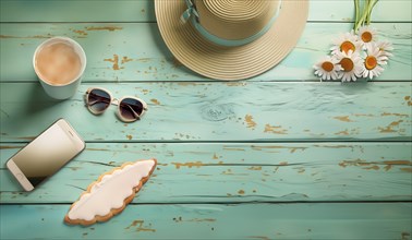 Flat lay style of breakfast elements over seafoam green rusty wooden background, AI generated