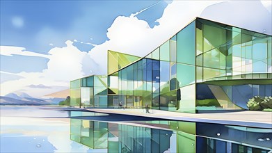 Abstract watercolor composition of futuristic architecture with minimalistic modern bio style, AI