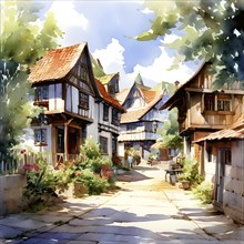 Watercolor depiction of a village in spring with blooming flower, AI generated