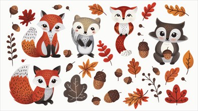 Charming illustration of foxes and a raccoon with acorns and autumn leaves depicting a whimsical