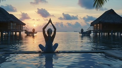 Person meditiert in einer Yoga-Pose bei Sonnenuntergang auf einem Pier mit Wasserbungalows, AI