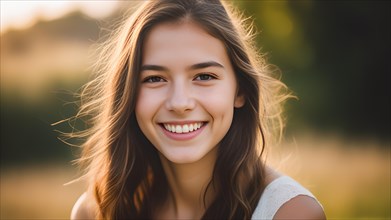 Smiling girl, teenager with caucasian look outside in summer, bokeh, portrait, looking into the