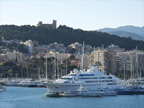 City by the sea with a harbour full of yachts and boats, surrounded by mountains under a clear sky,