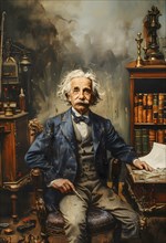 Oil painting of the physicist Albert Einstein sitting in a chair in an office, AI generated, AI
