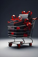 Black friday shopping cart brimming with black gift boxes tied with red ribbons against a dark grey