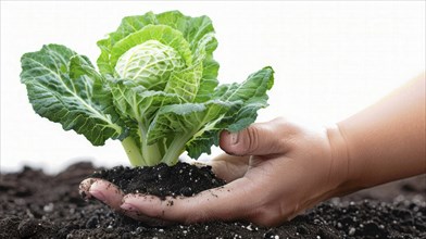 Hand holding a small cabbage plant in soil