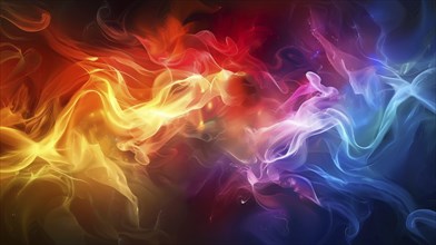 Colorful abstract digital art featuring flowing waves in yellow, orange, red, blue, and purple on a