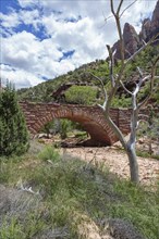 Stone arched bridge over dry Pine Creek in Zion National Park, Utah, United States of America, USA,