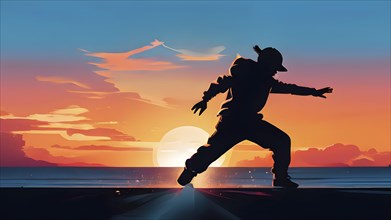 Illustration of a breakdancer silhouette in calm harmony bathed in the breathtaking palette of a