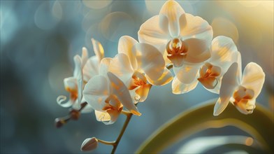 White orchids in bloom with soft focus background and bokeh effect, AI generated
