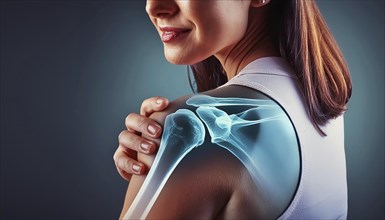 Woman showing her shoulder with superimposed X-ray image, AI generated, AI generated