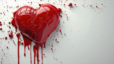 A red heart dripping liquid against a white background, conveying an intense and emotional artistic
