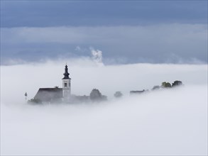 Church tower rises out of the morning mist, Frauenberg pilgrimage church, near Leibnitz, Styria,
