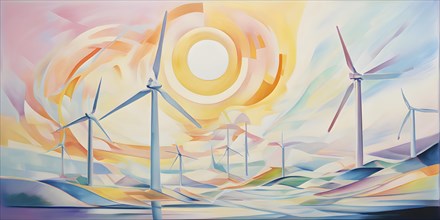 Abstract painting capturing renewable energy themes with flowing lines in vibrant colors, AI