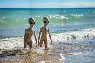 Two aliens walk out of the water on a sunny beach, AI generated, AI generated