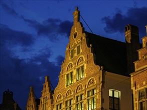 Detailed facade of a historic building, illuminated at night with dark sky in the background, blue