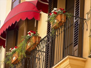Decorative balcony with red awnings, flower pots and plants standing in front of windows of a