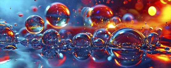 Iridescent bubbles and liquid droplets contained within glistening with an oil like sheen floating,