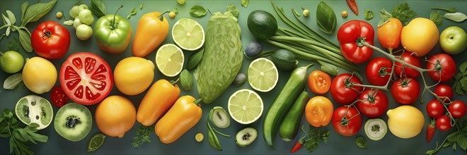 Top view illustration of assorted vibrant fruit and vegetable composition, AI generated