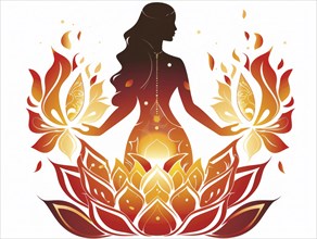 Silhouette of a woman with fiery lotus flowers against an ethereal background, AI generated