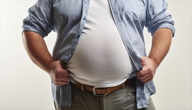 Overweight, A man in a shirt and T-shirt shows his round fat belly, AI generated, AI generated