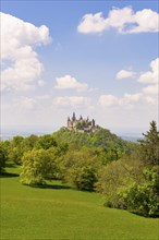 Hohenzollern Castle near Hechingen, blue cloudy sky, Zollernalbkreis, Swabian Alb,