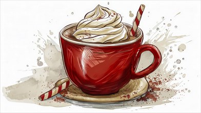 Red cup with whipped cream and a candy cane on a saucer, giving a festive and cozy feel in