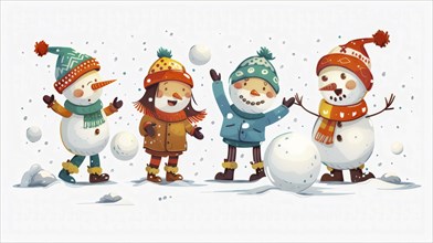 Snowman joyfully playing with snow and snowballs, each wearing winter clothes including hats,
